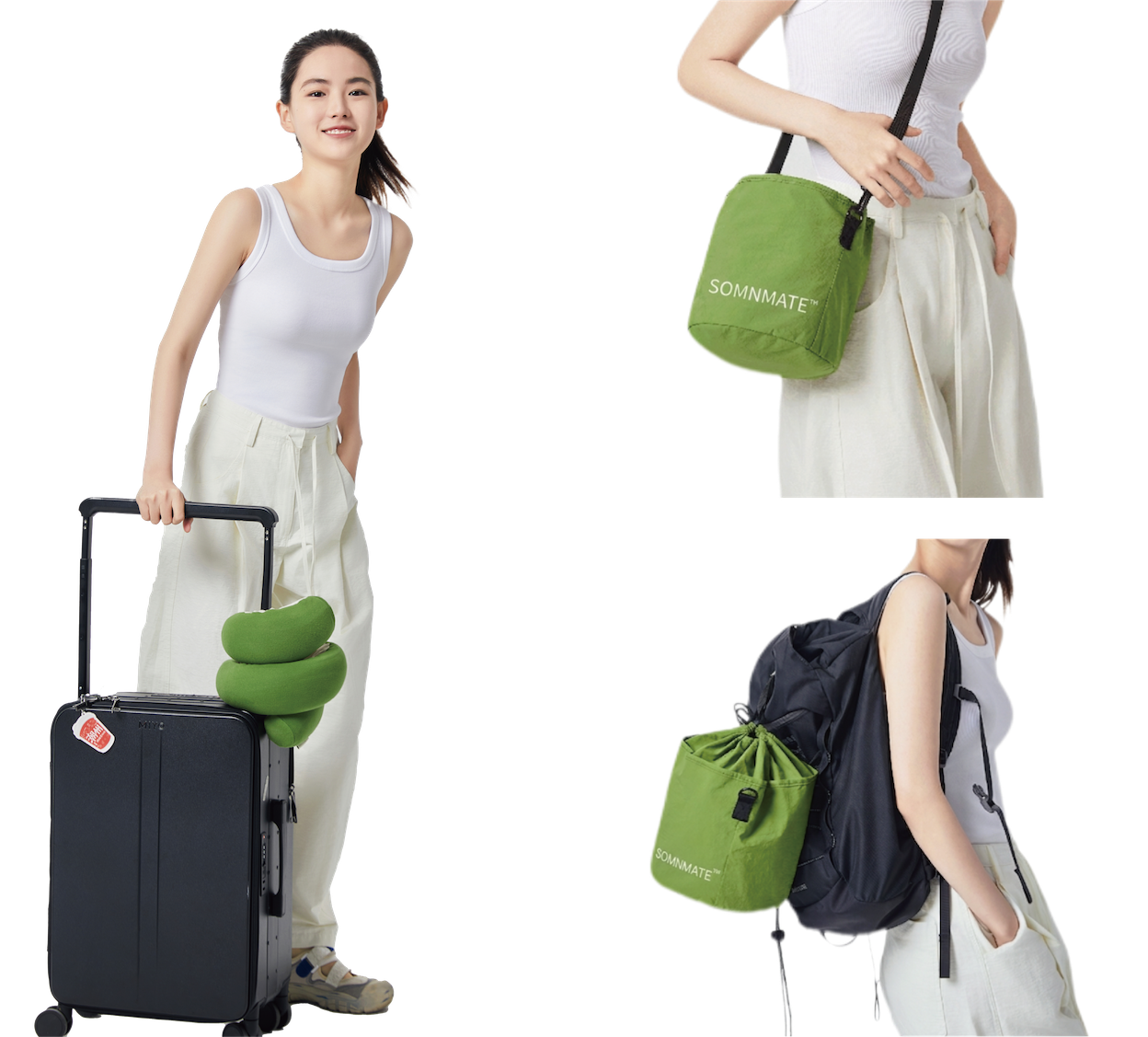 Loops around a carry-on handle; travel pouch clips on