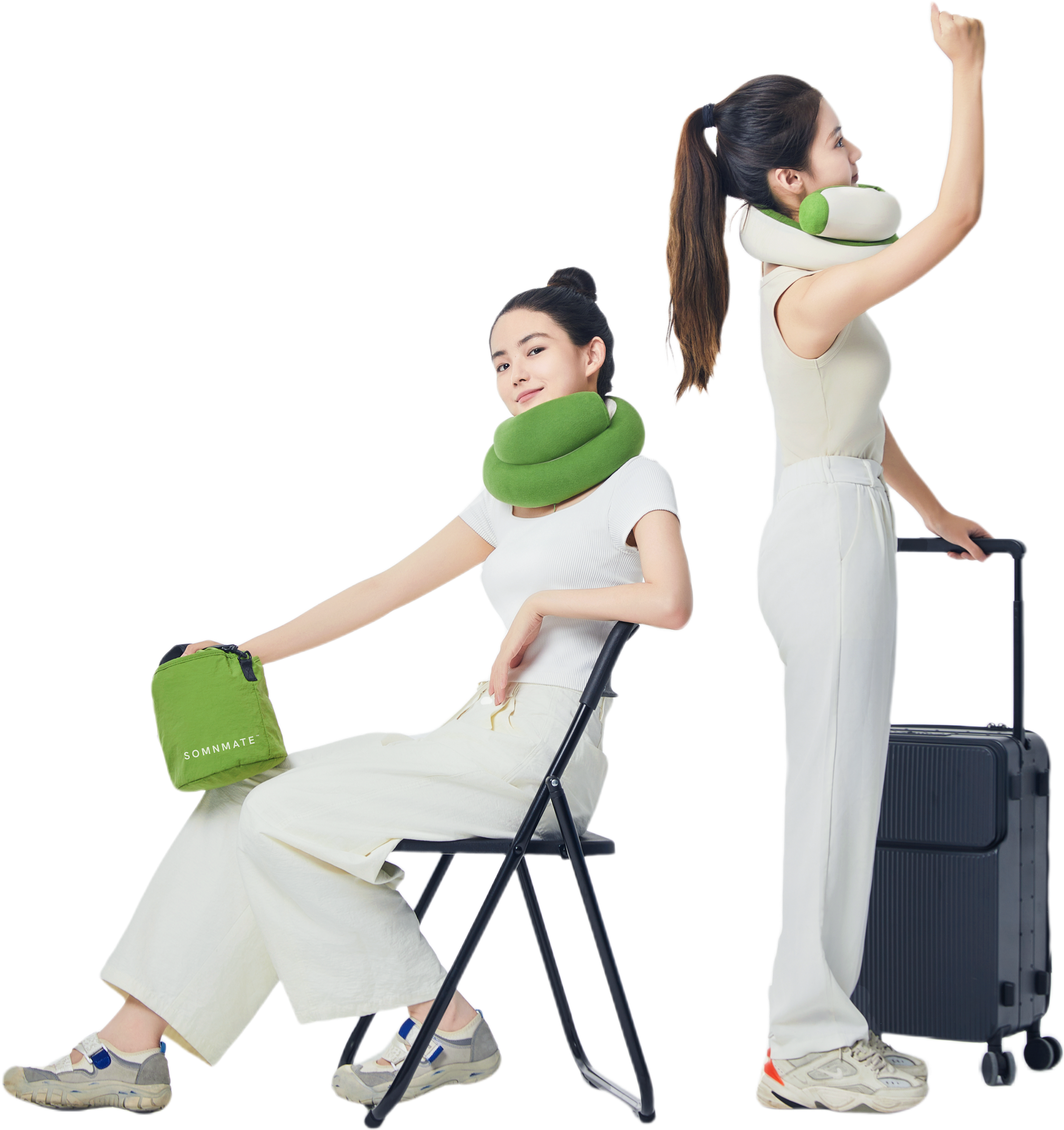 Travelers wearing the SOMNMATE travel pillow